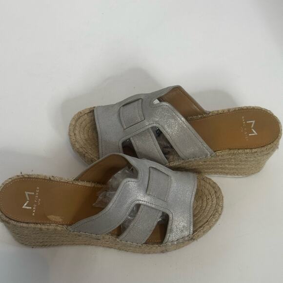 Mark Fisher Silver Open Espadrille Style 3” Raffia Wedge Size 8.5 M - Picture 5 of 11